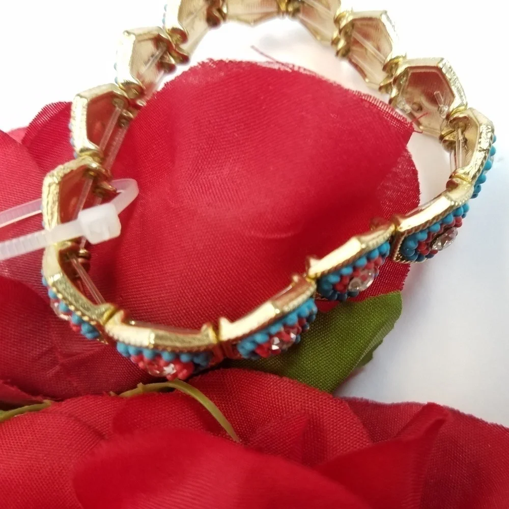 Bracelet Turquoise Coral Rhinestone Stretch Bracelet Seed Beads